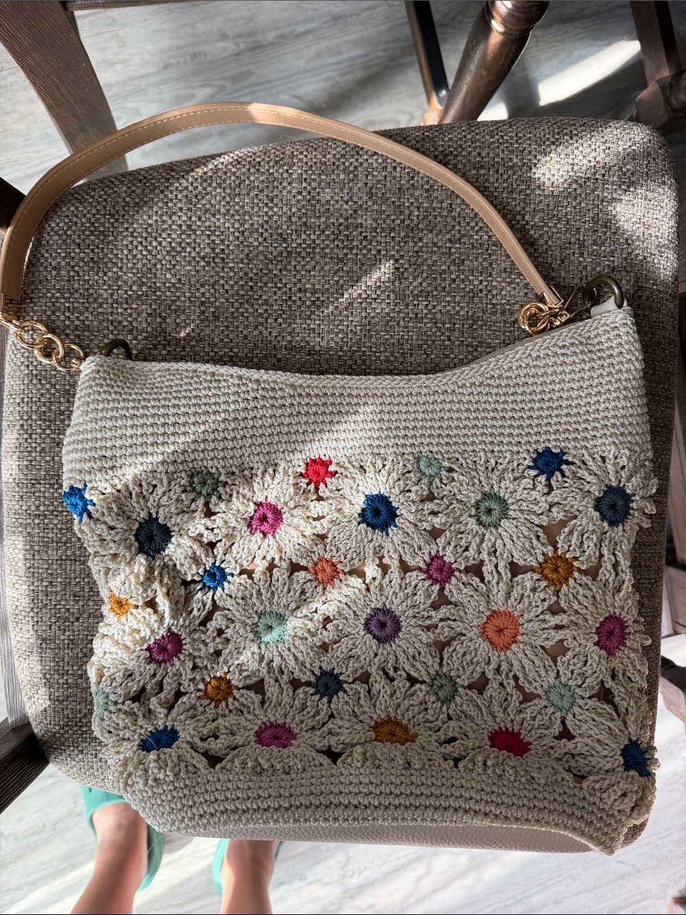 The Sak Cream Crochet Shoulder Bag with Multicolor Floral Accents